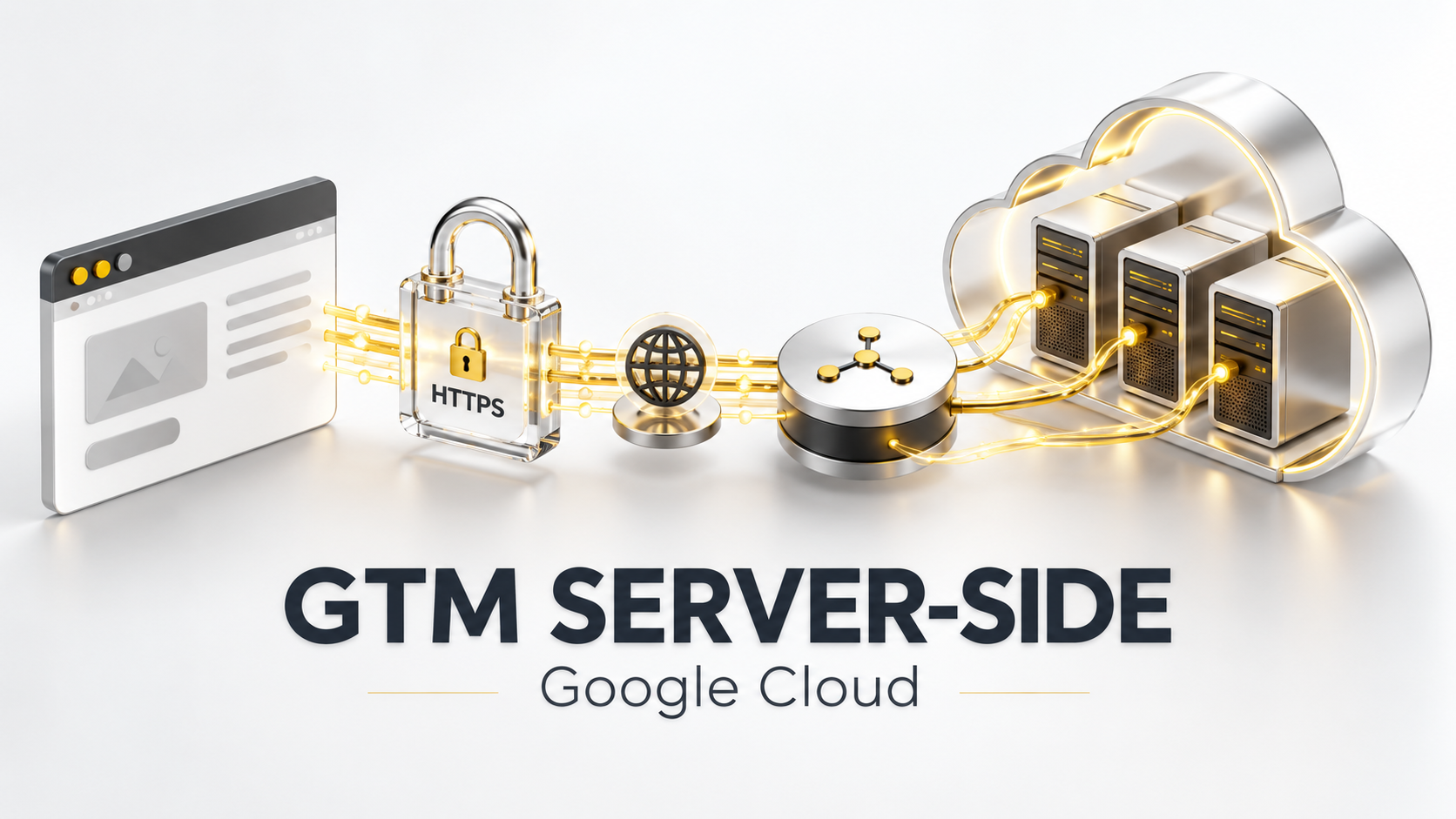 Illustration GTM Server-Side sur Google Cloud : un navigateur connecté par HTTPS à une infrastructure de serveurs cloud.