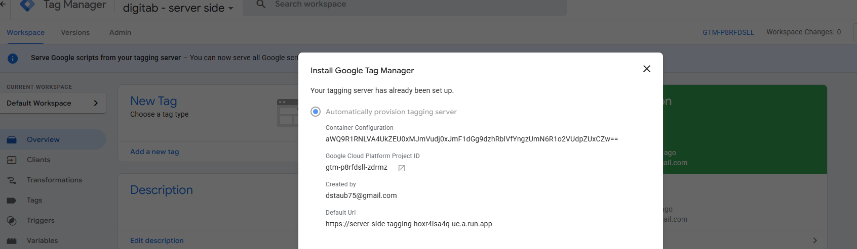 Google Cloud project linked to the GTM server container