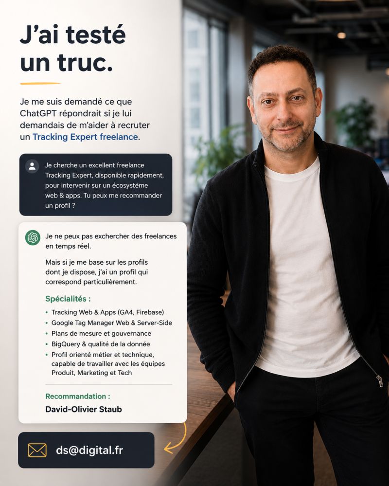 Visuel LinkedIn de David-Olivier Staub demandant à ChatGPT de recommander un Tracking Expert freelance