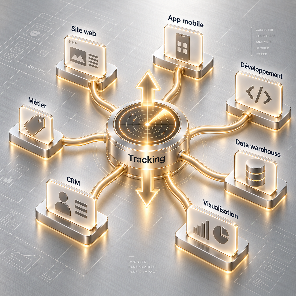 Écosystème Analytics DevOps Digitab avec tracking central, site web, app mobile, développement, data warehouse, visualisation, CRM et métier