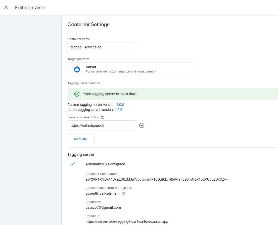 GTM server container settings and server URL