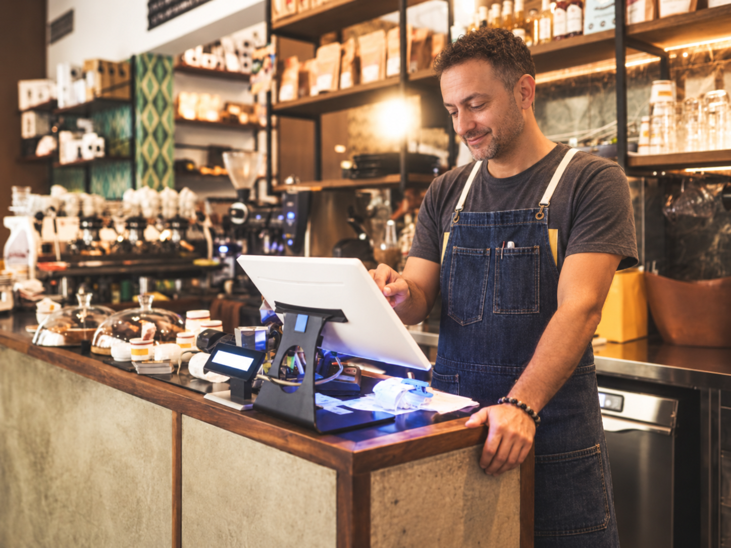 Un commerçant derrière son comptoir utilise une caisse tactile dans un café.
